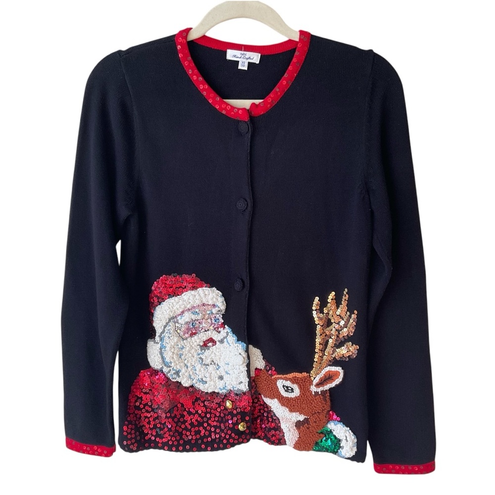 Tabi Hand-Crafted Santa and Rudolph Christmas Cardigan in Black and Red Size XS